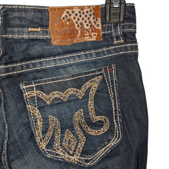 MEK DNM Denim Buckle Dark Wash Rhinestone Pocket Saka Slim Boot Cut Jeans Tall - Picture 4 of 7